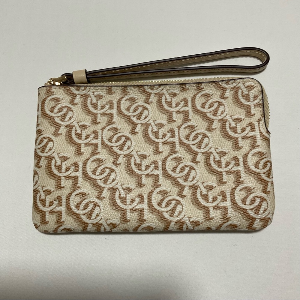 Coach Women's small corner wristlet, with Gold chalk Monogram print
